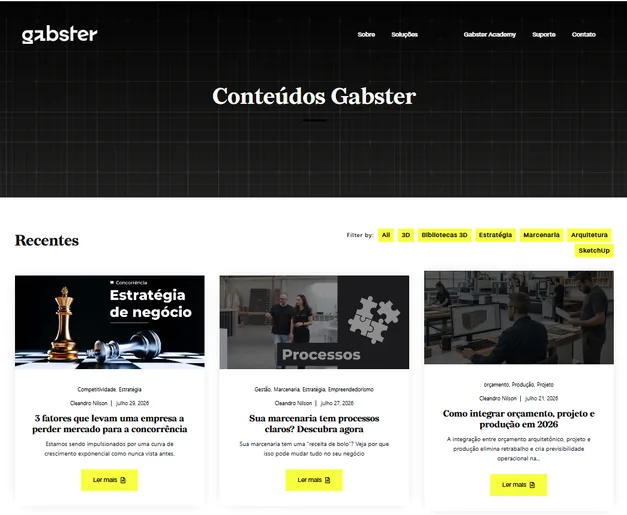 Página de conteúdos do blog da Gabster