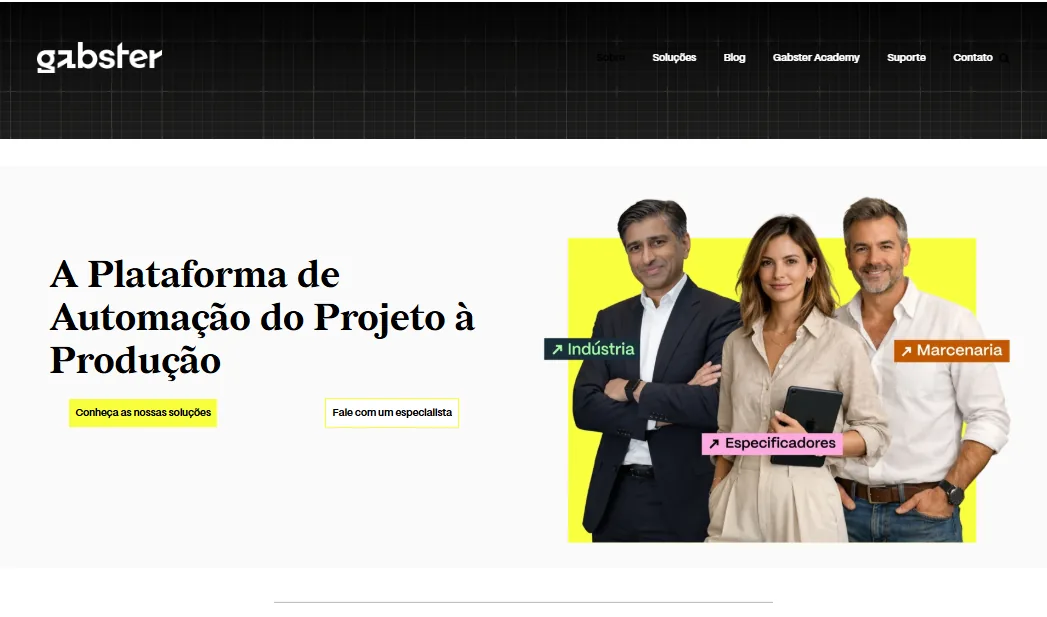 Página inicial do site da Gabster: A Plataforma de Automação do Projeto à Produção